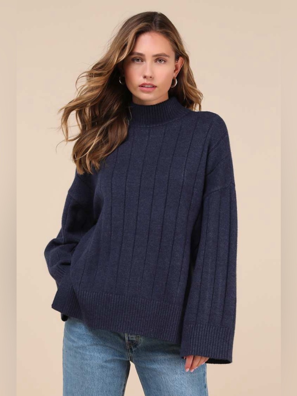 Lulus Seasonal Snuggles Navy Ribbed Mock Neck Pullover Sweater Size XL
